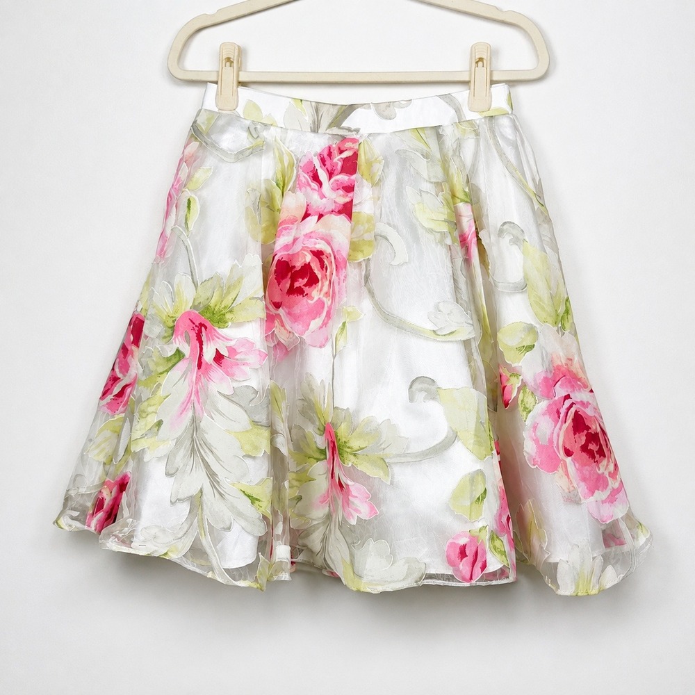 Narianna Floral Chiffon Tulle Full Skirt M Romantic Garden Party Pink White Rose